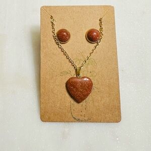 Goldstone Crystal Heart Charm Necklace & Stud Earrings Set